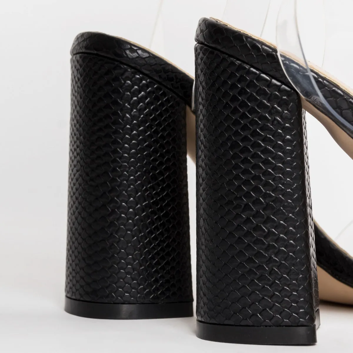 Gabriella Black Snake Clear Block Heels