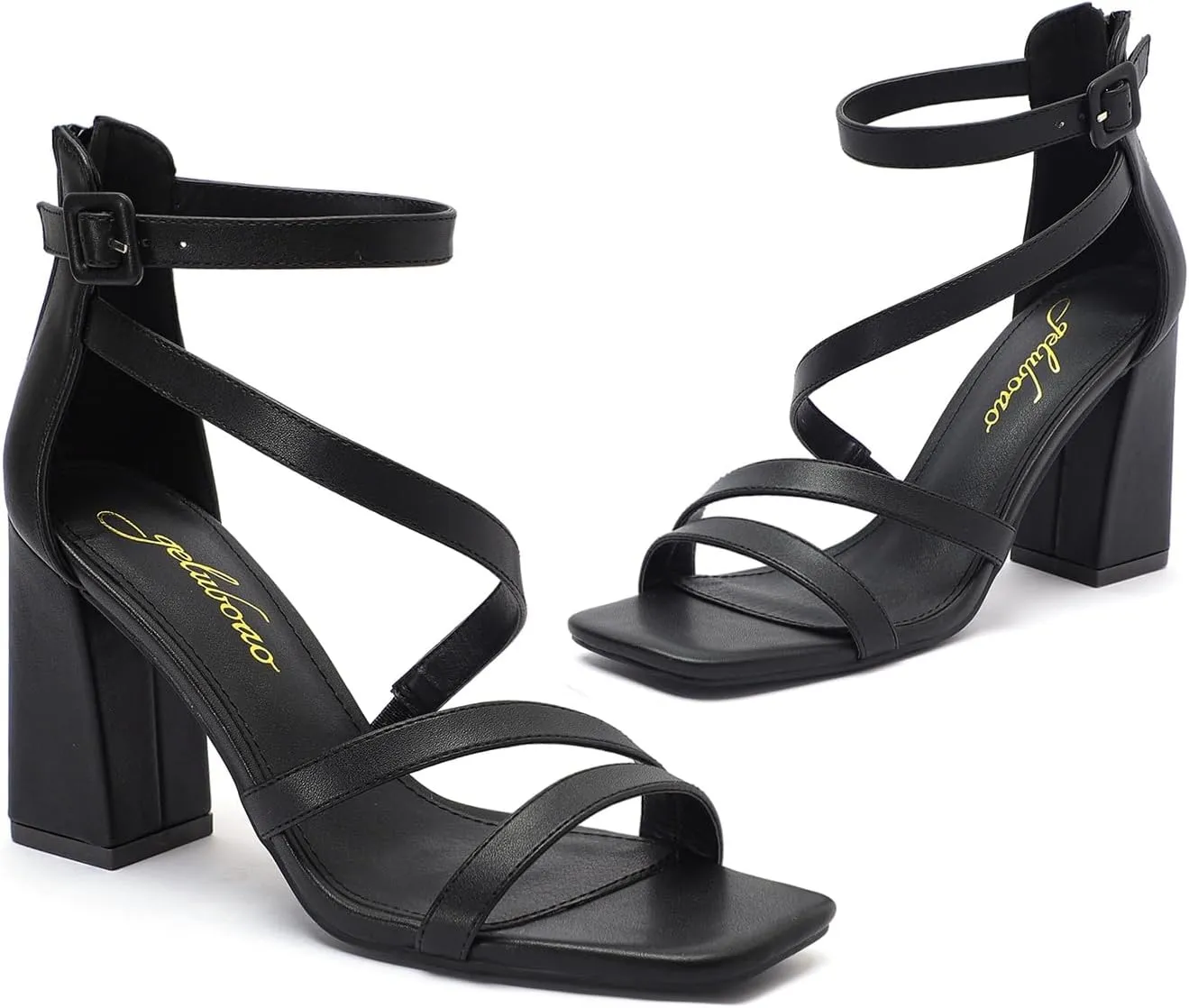 geluboao Heels for Womens Sexy Open Square Toe Strappy Chunky High Heels Sandals Ankle Strap Buckle Block Heeled Sandals