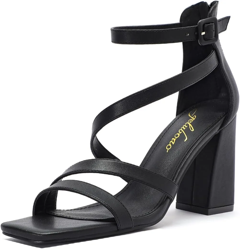 geluboao Heels for Womens Sexy Open Square Toe Strappy Chunky High Heels Sandals Ankle Strap Buckle Block Heeled Sandals