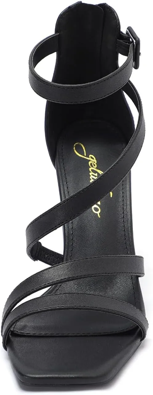 geluboao Heels for Womens Sexy Open Square Toe Strappy Chunky High Heels Sandals Ankle Strap Buckle Block Heeled Sandals