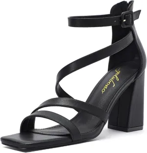 geluboao Heels for Womens Sexy Open Square Toe Strappy Chunky High Heels Sandals Ankle Strap Buckle Block Heeled Sandals