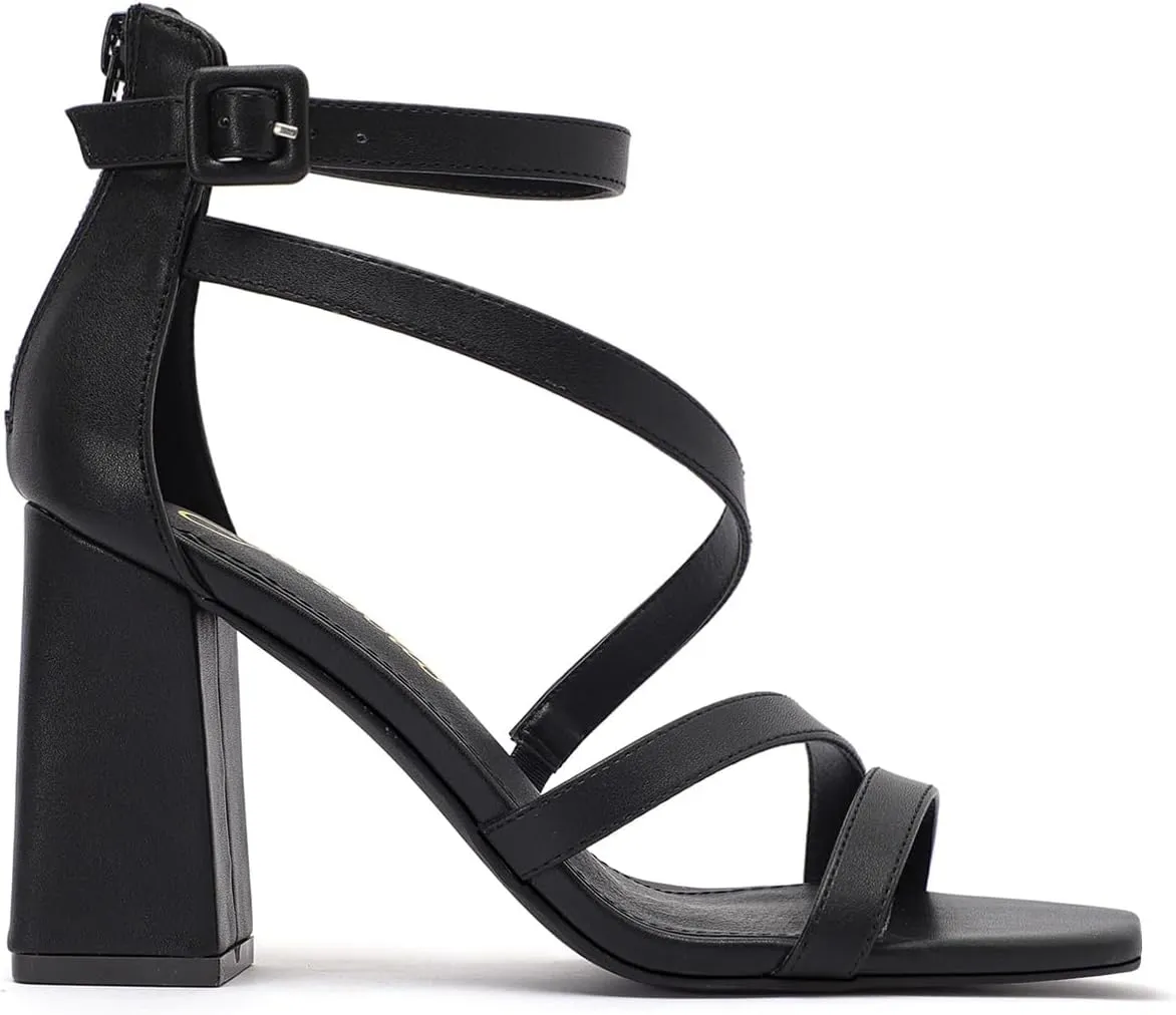 geluboao Heels for Womens Sexy Open Square Toe Strappy Chunky High Heels Sandals Ankle Strap Buckle Block Heeled Sandals