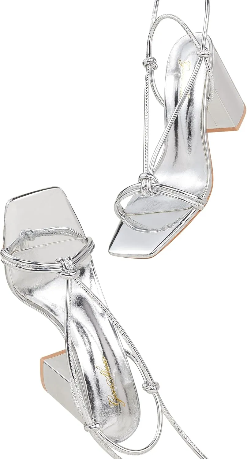 GENSHUO Square Toe Sandals Women Lace up Chunky High Heels Strappy Sandals Block Heeled Ankle Wrap Homecoming Wedding Dress Shoes Gold Size 9.5
