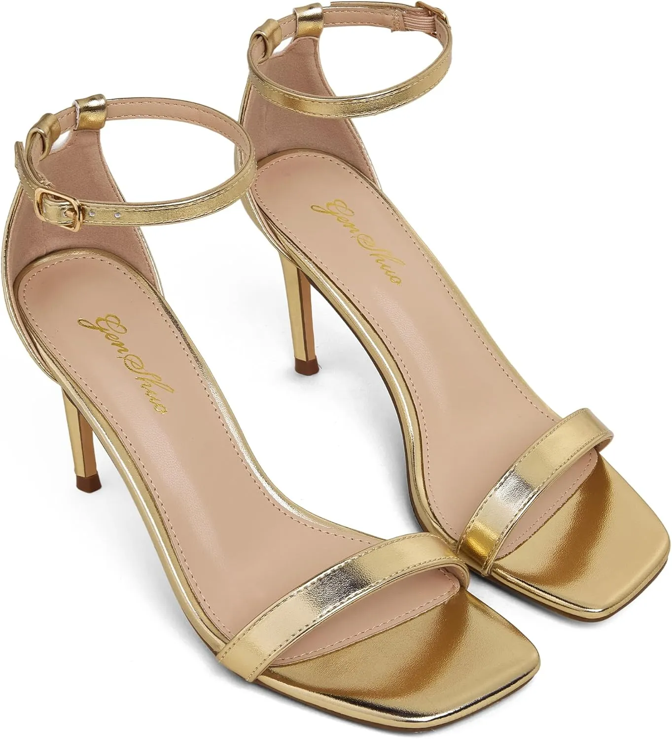 GENSHUO Women's Heeled Sandals Dressy Strappy Stiletto High Heels 3 Inch Square Open Toe Ankle Strap Buckle Sexy Prom Wedding Dress Shoes Ankle Wrap