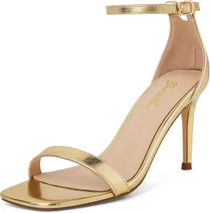 GENSHUO Women's Heeled Sandals Dressy Strappy Stiletto High Heels 3 Inch Square Open Toe Ankle Strap Buckle Sexy Prom Wedding Dress Shoes Ankle Wrap