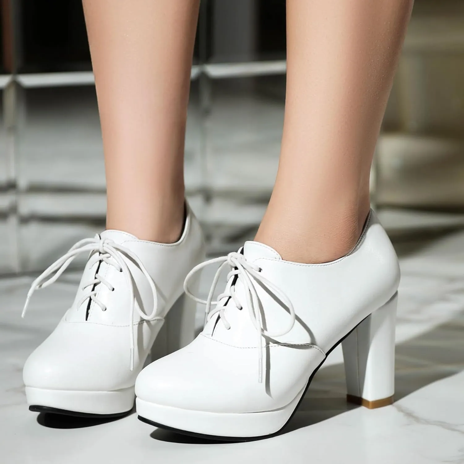 Gicoiz Lace Up Block Heels Women Round Toe Office Oxfords