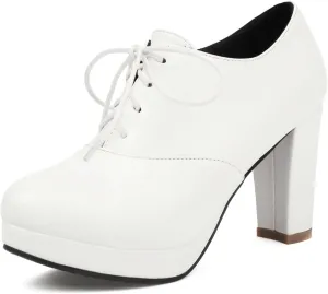 Gicoiz Lace Up Block Heels Women Round Toe Office Oxfords