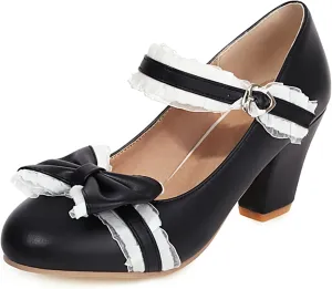 Gicoiz Women Polka Dot Mary Jane Bow Pumps Block Heels