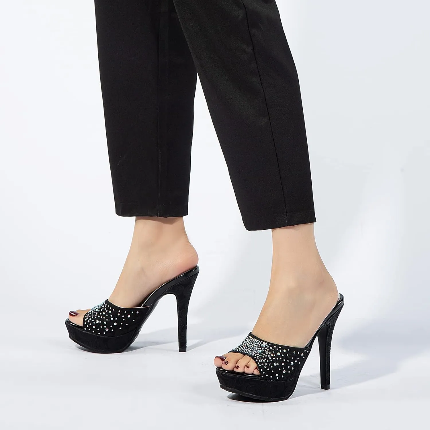 Gicoiz Women Stiletto Mules Platform High Heel Glitter Sandals Peep Toe