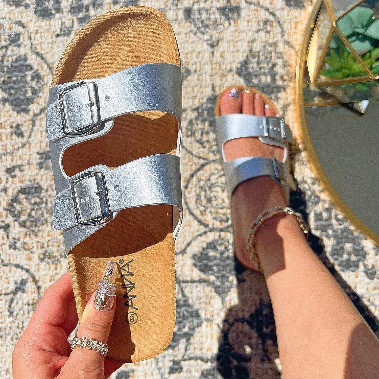 Glory Women's Slide Sandals Cork Footbed Double Buckle