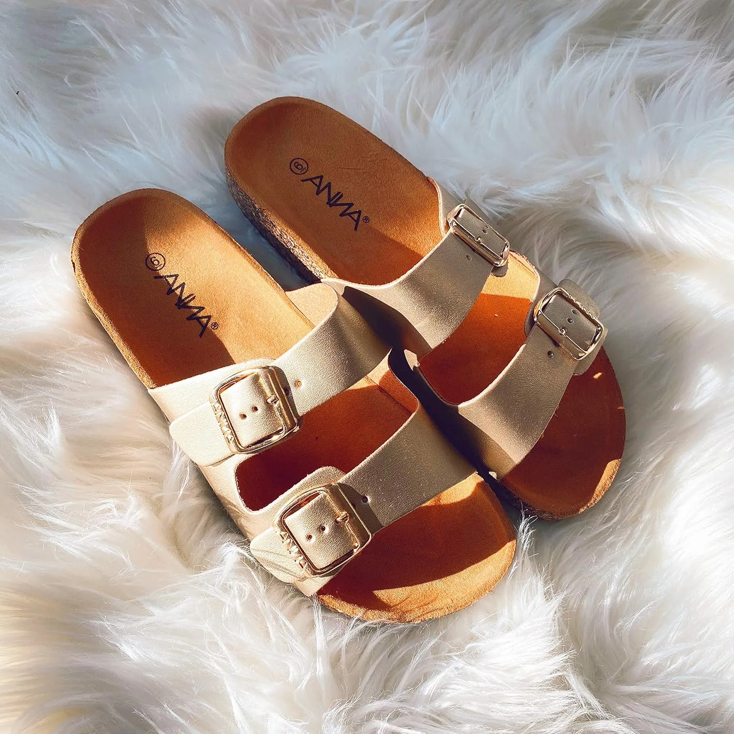 Glory Women's Slide Sandals Cork Footbed Double Buckle
