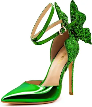 Gold High Heels Butterfly Back Sexy Stiletto Pumps Closed Toe Sparkly Ankle Strap Heels Sandals Dress Shoes for Women