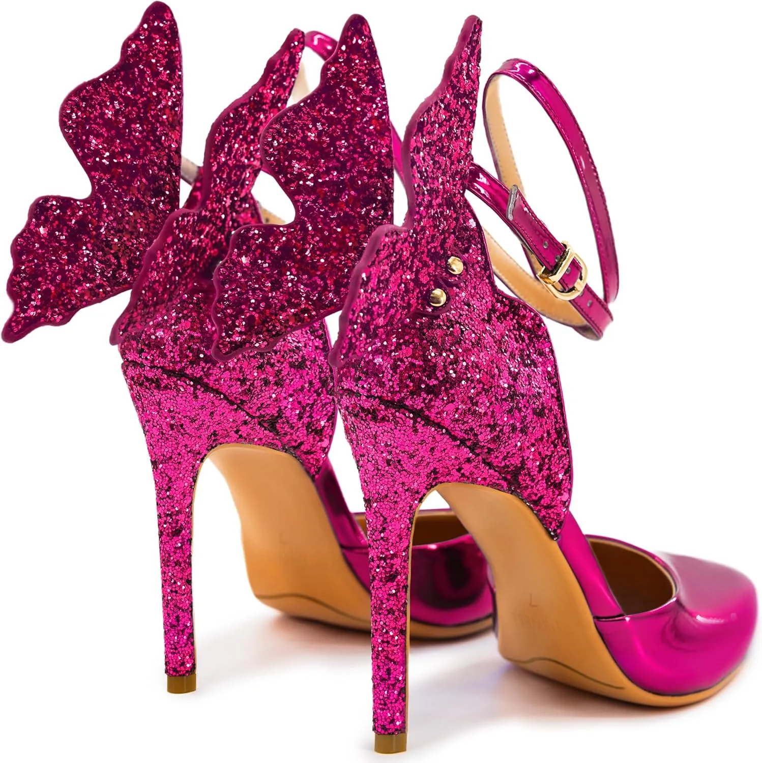 Gold High Heels Butterfly Back Sexy Stiletto Pumps Closed Toe Sparkly Ankle Strap Heels Sandals Dress Shoes for Women