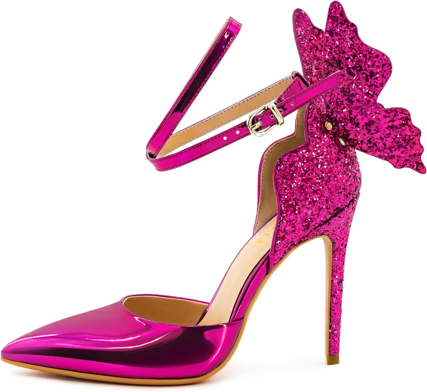 Gold High Heels Butterfly Back Sexy Stiletto Pumps Closed Toe Sparkly Ankle Strap Heels Sandals Dress Shoes for Women