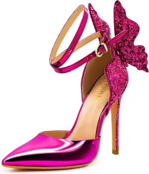 Gold High Heels Butterfly Back Sexy Stiletto Pumps Closed Toe Sparkly Ankle Strap Heels Sandals Dress Shoes for Women
