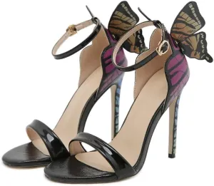 Gold High Heels Butterfly Back Sexy Stiletto Pumps Open Toe Sparkly Ankle Strap Heels Sandals Dress Shoes for Women