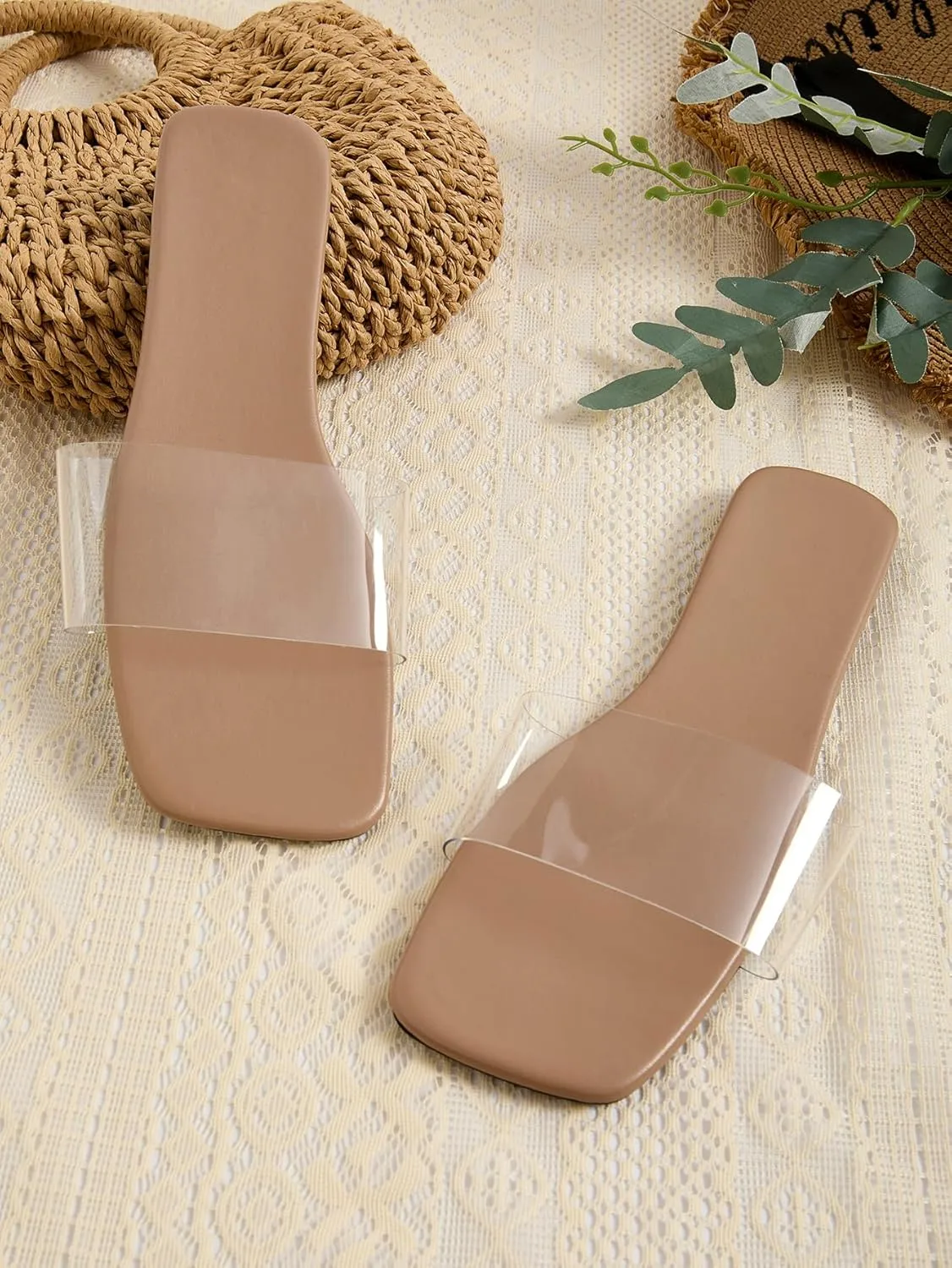 GORGLITTER Clear Sandals Transparent Flat Sandals Dressy Open Toe Casual Slide Sandals