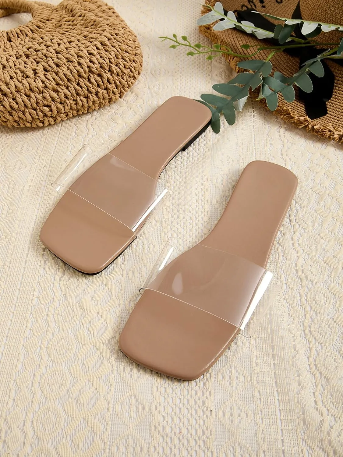 GORGLITTER Clear Sandals Transparent Flat Sandals Dressy Open Toe Casual Slide Sandals