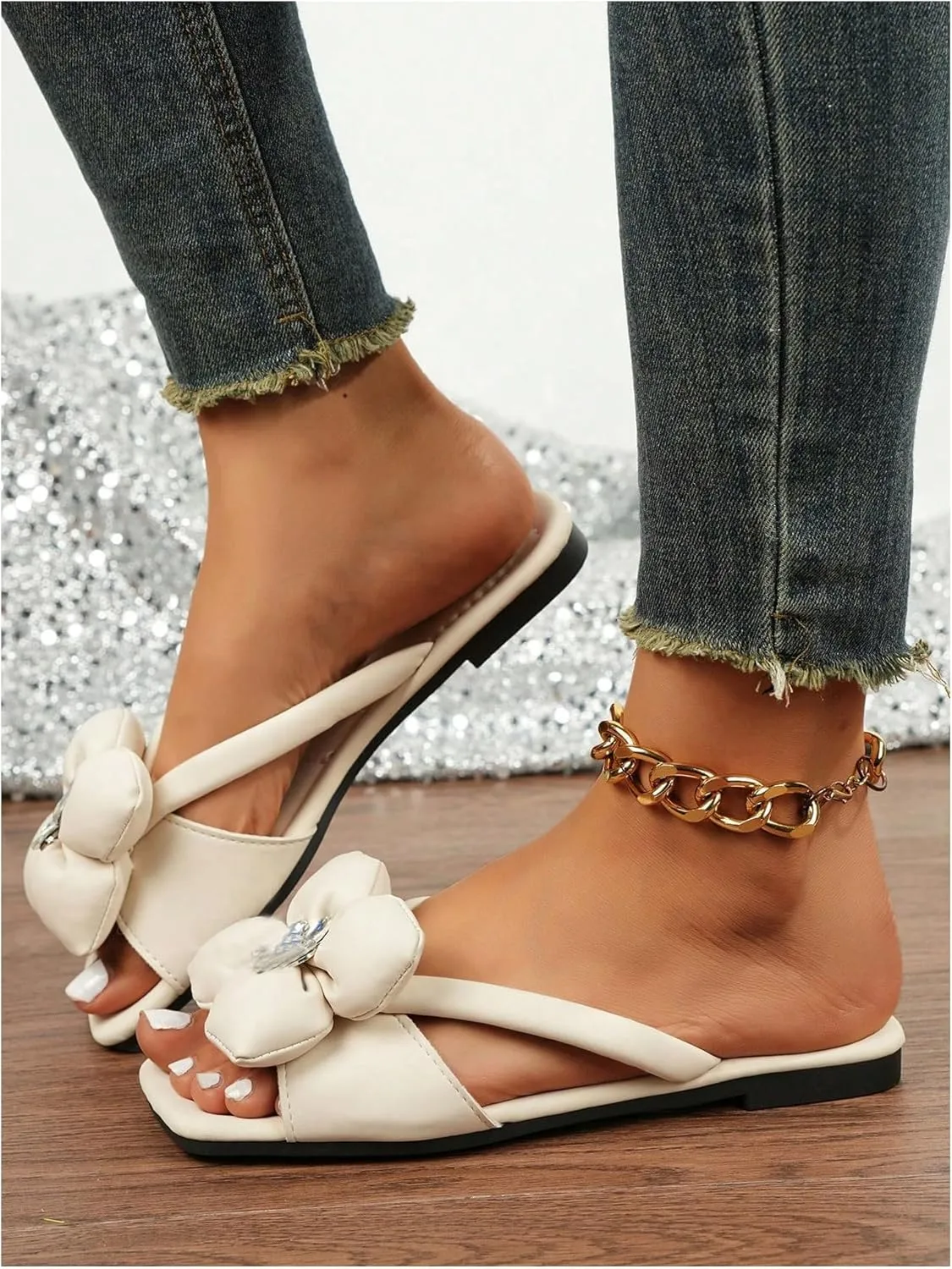 GORGLITTER Women's Flower Flat Sandals 3D Floral Open Toe Slide Sandals Cute Vacation Sandals