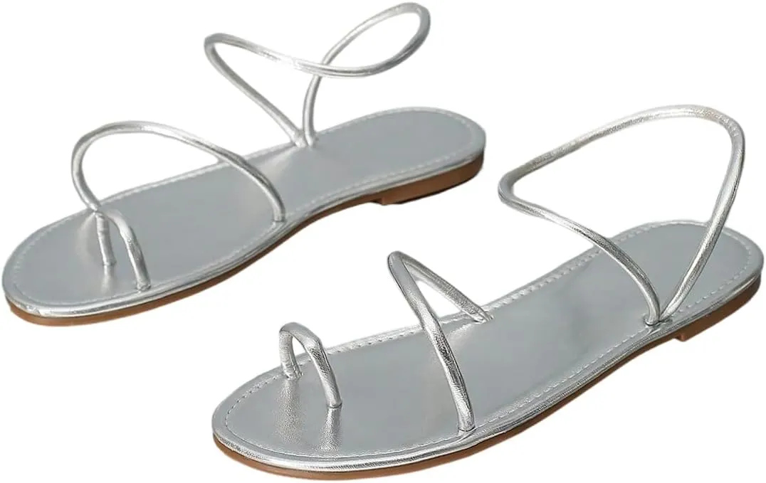 GORGLITTER Women's Metallic Strappy Thong Flat Sandals Open Toe Dressy Slide Sandal