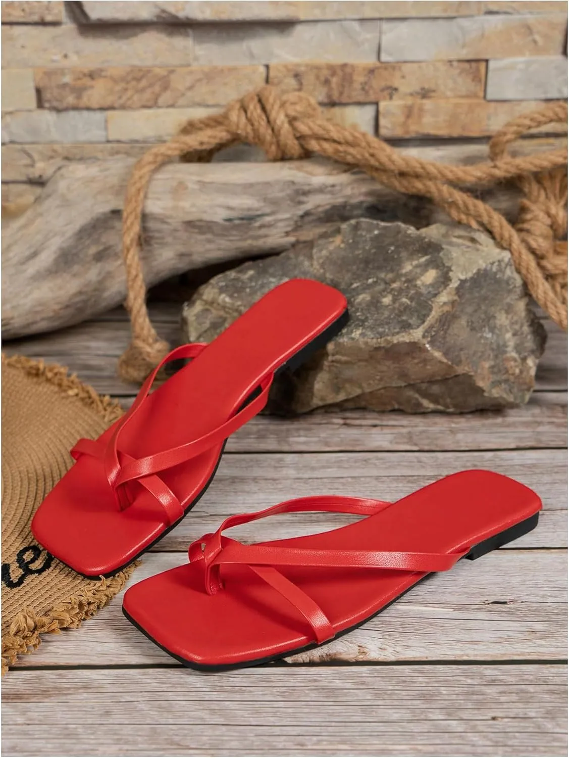 GORGLITTER Women's Strappy Square Toe Sandals Dressy Summer Cute Thong Sandals Flip Flops