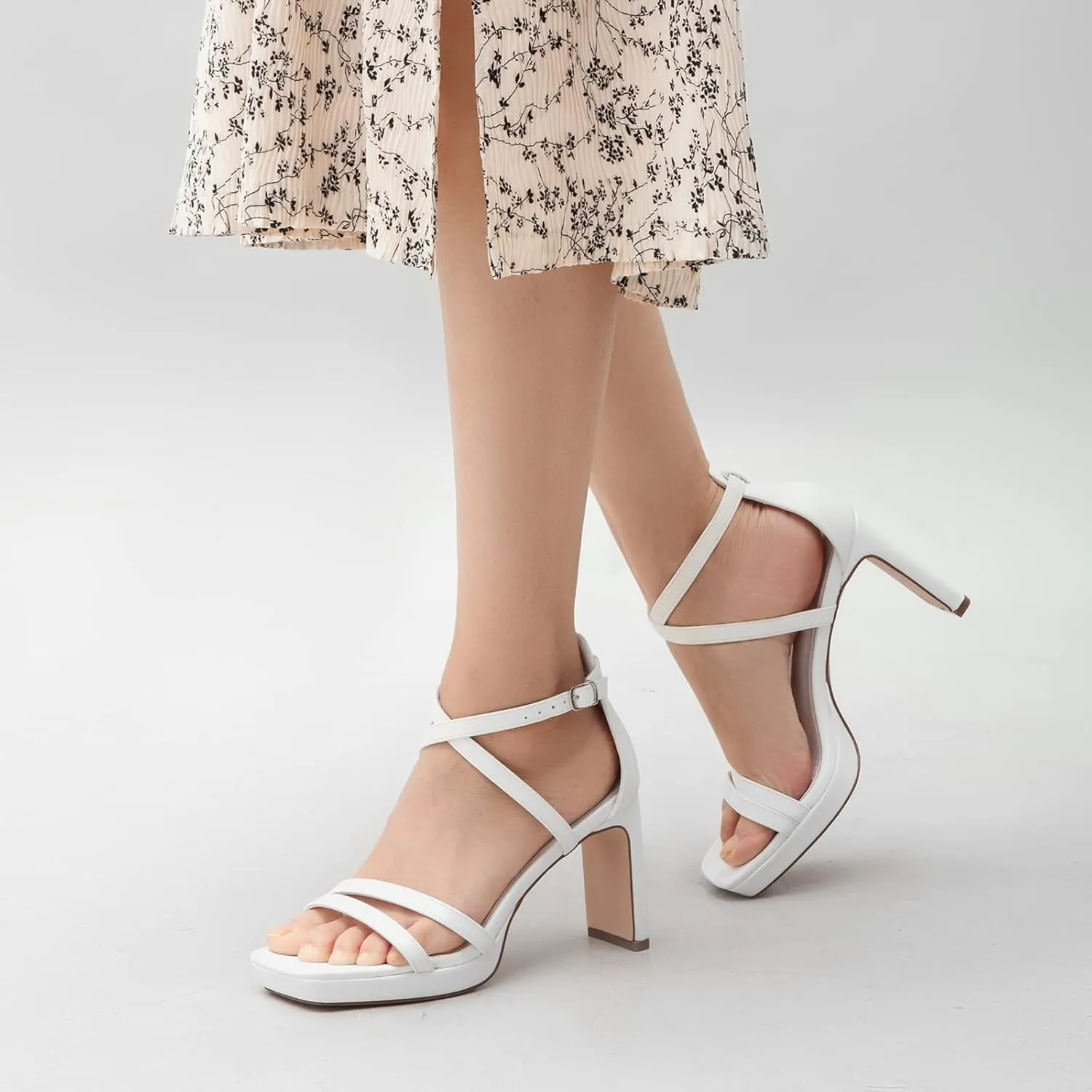 Greatonu Women's Heeled Sandals Open Toe Ankle Strap Strappy High Chunky Block Heel Pump Sandals Platform Heels Nude