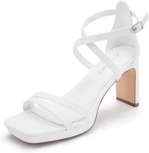 Greatonu Women's Heeled Sandals Open Toe Ankle Strap Strappy High Chunky Block Heel Pump Sandals Platform Heels Nude