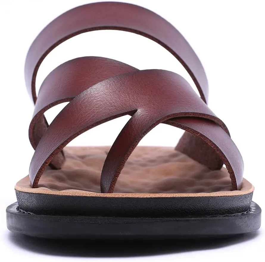 Harssidanzar Men's Sandals,Quick-Dry Flip-Flop Summer Slip On Cross Straps Slide Sandals Toe Ring Style Outdoor And Indoor KM221US
