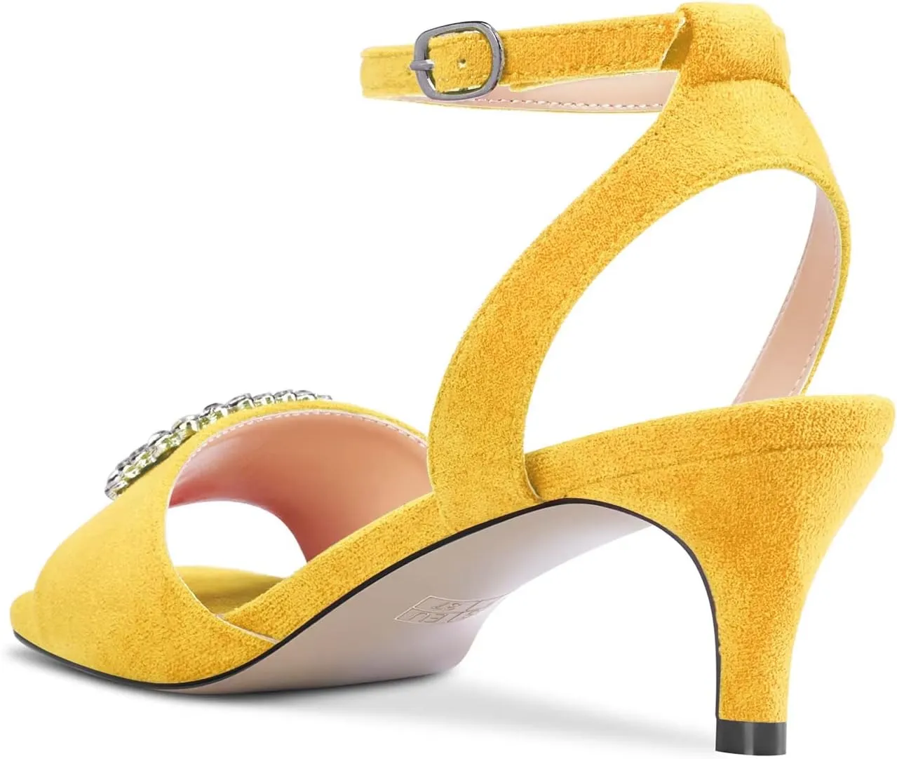 HEUIVZAR Mid Kitten Heel Peep Open Toe Pumps Ankle Strap Buckle Rhinestone Crystal Wedding Cute 2.0 Inches Heels