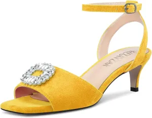 HEUIVZAR Mid Kitten Heel Peep Open Toe Pumps Ankle Strap Buckle Rhinestone Crystal Wedding Cute 2.0 Inches Heels
