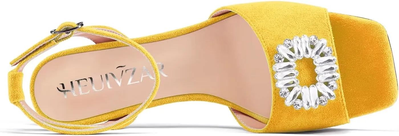 HEUIVZAR Mid Kitten Heel Peep Open Toe Pumps Ankle Strap Buckle Rhinestone Crystal Wedding Cute 2.0 Inches Heels