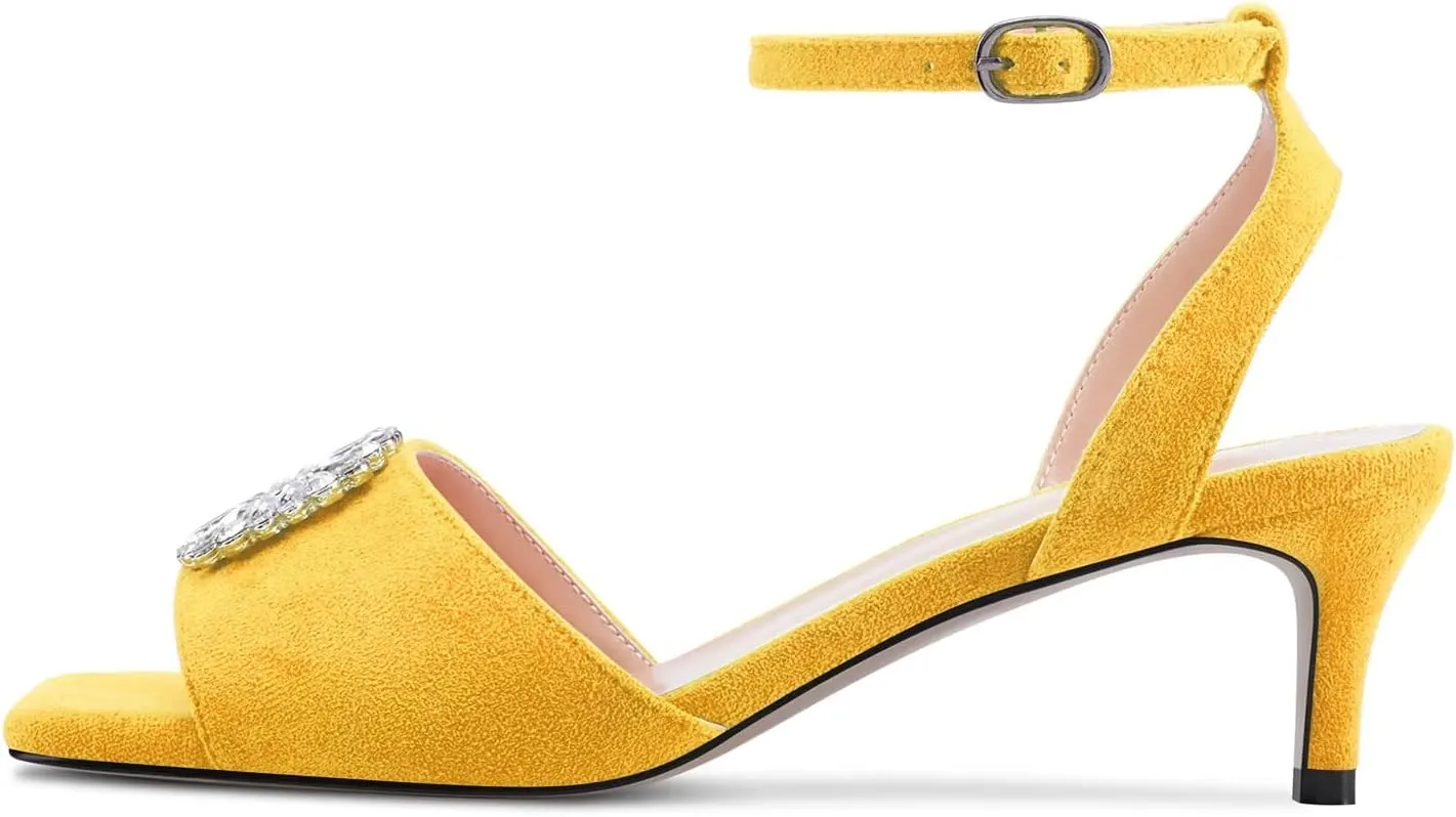 HEUIVZAR Mid Kitten Heel Peep Open Toe Pumps Ankle Strap Buckle Rhinestone Crystal Wedding Cute 2.0 Inches Heels