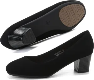 HHTCAL Women's Pumps Round Closed Toe Chunky Heels Comfortable 2 inch Block Low Heel Dress Shoes for Office Work Business Formal
