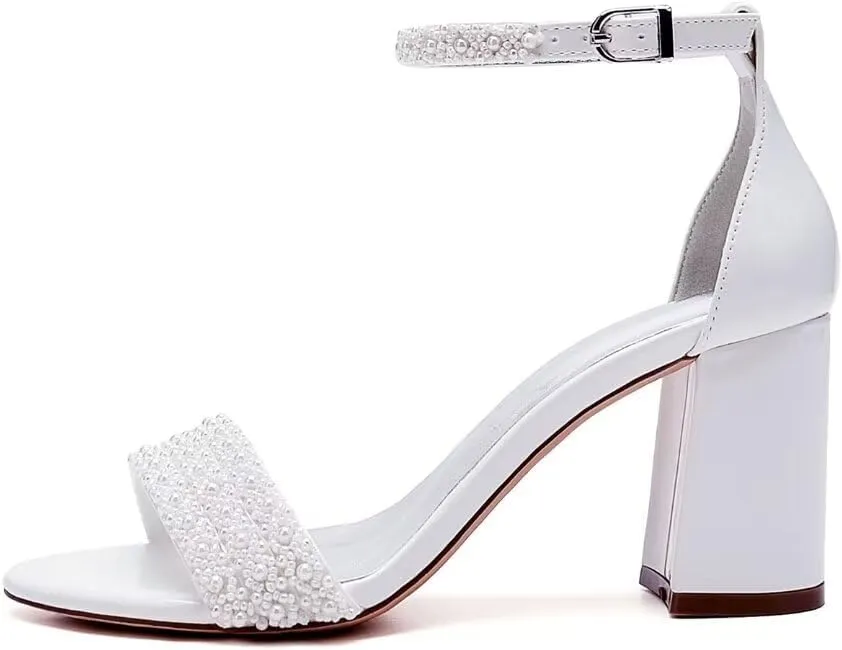 High Block Heel Wedding Sandals Beaded Wedding Shoes for Bride Ankle Strap Bridal Heels