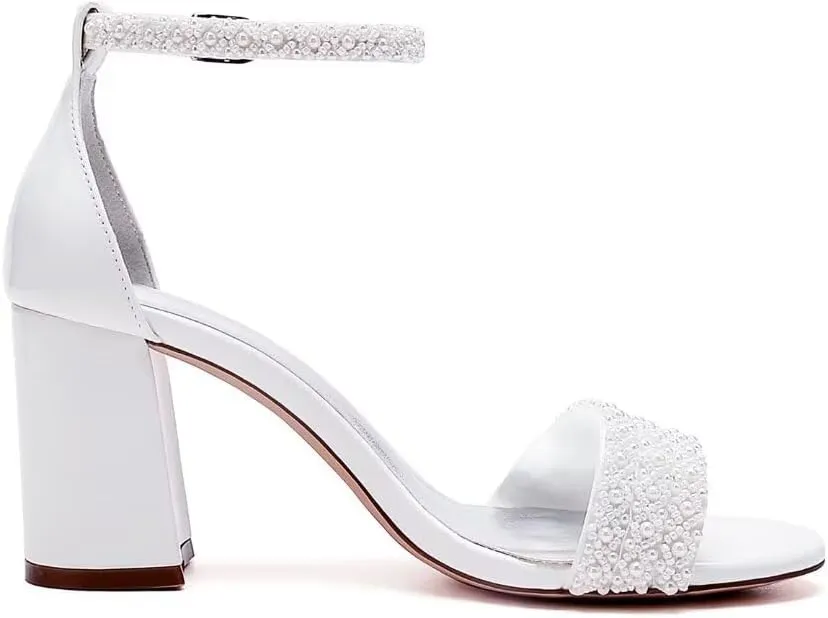 High Block Heel Wedding Sandals Beaded Wedding Shoes for Bride Ankle Strap Bridal Heels