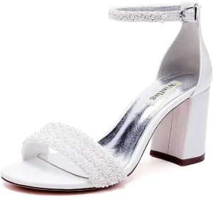 High Block Heel Wedding Sandals Beaded Wedding Shoes for Bride Ankle Strap Bridal Heels
