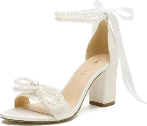 High Block Heel Wedding Sandals Pearl Heels with bow Open Toe Wedding Shoes for Bride
