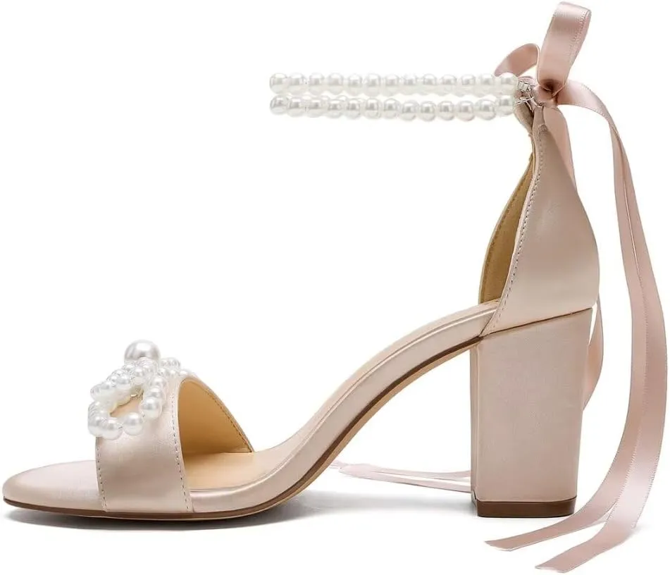 High Block Heel Wedding Sandals Pearl Heels with bow Open Toe Wedding Shoes for Bride