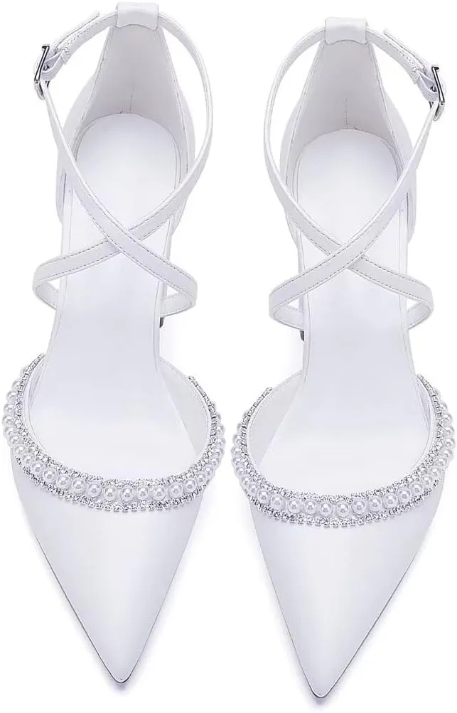 High Block Heel Wedding Shoes for Bride Closed Toe Pearl Bridal Shoes Women Chunky Heels