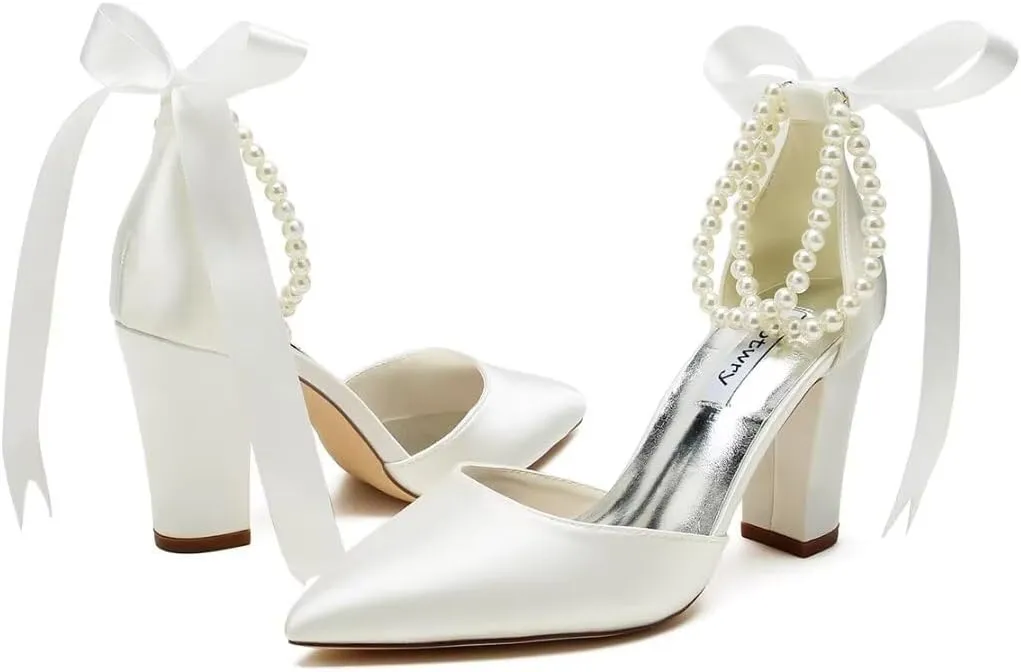 High Block Heel Wedding Shoes for Bride Pointed Toe Pearl Wedding Heels Bridal Shoes