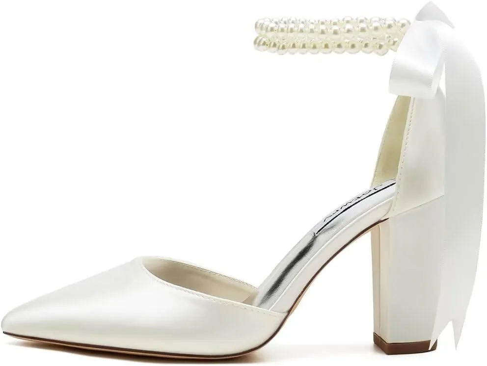 High Block Heel Wedding Shoes for Bride Pointed Toe Pearl Wedding Heels Bridal Shoes