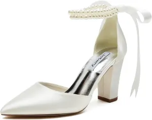 High Block Heel Wedding Shoes for Bride Pointed Toe Pearl Wedding Heels Bridal Shoes