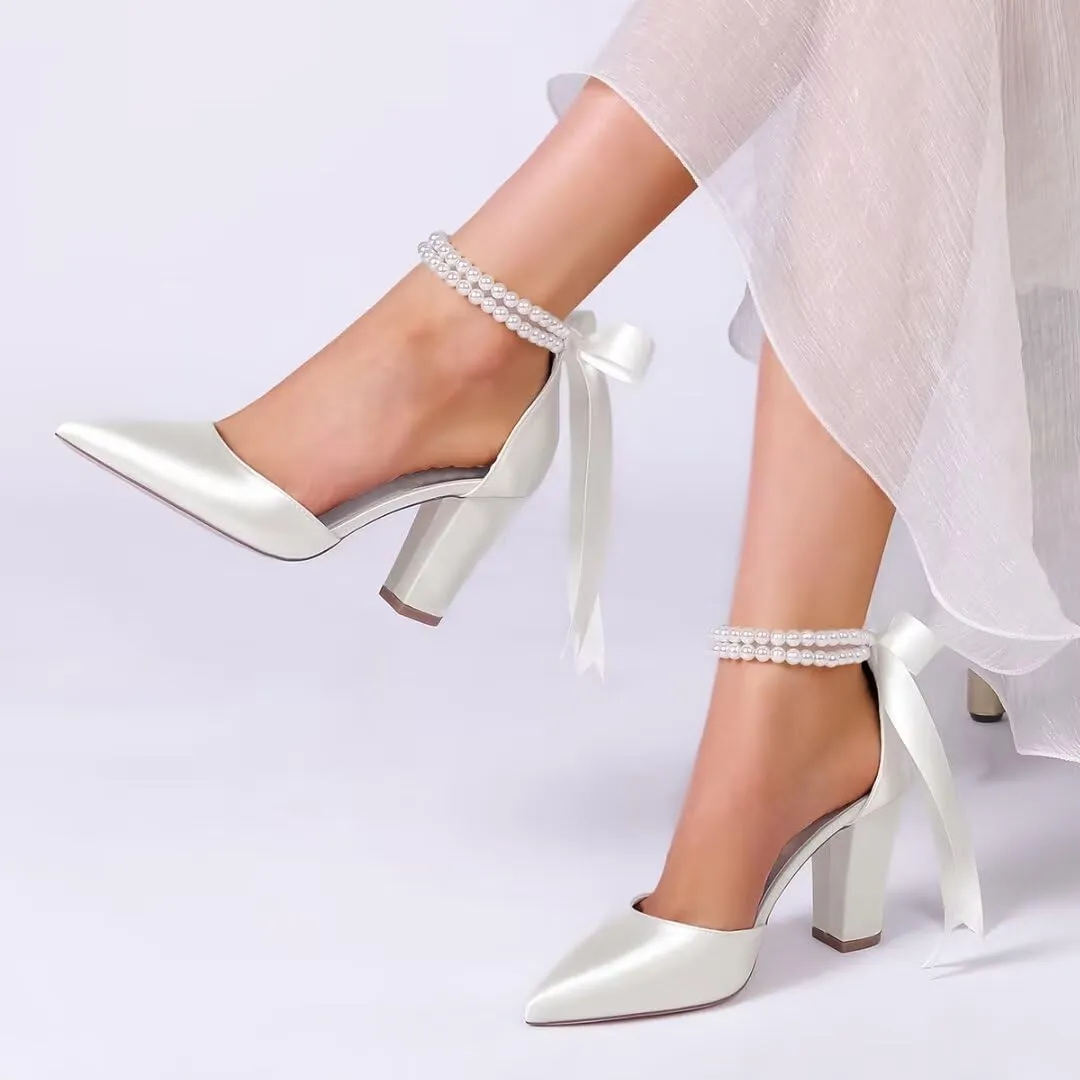High Block Heel Wedding Shoes for Bride Pointed Toe Pearl Wedding Heels Bridal Shoes