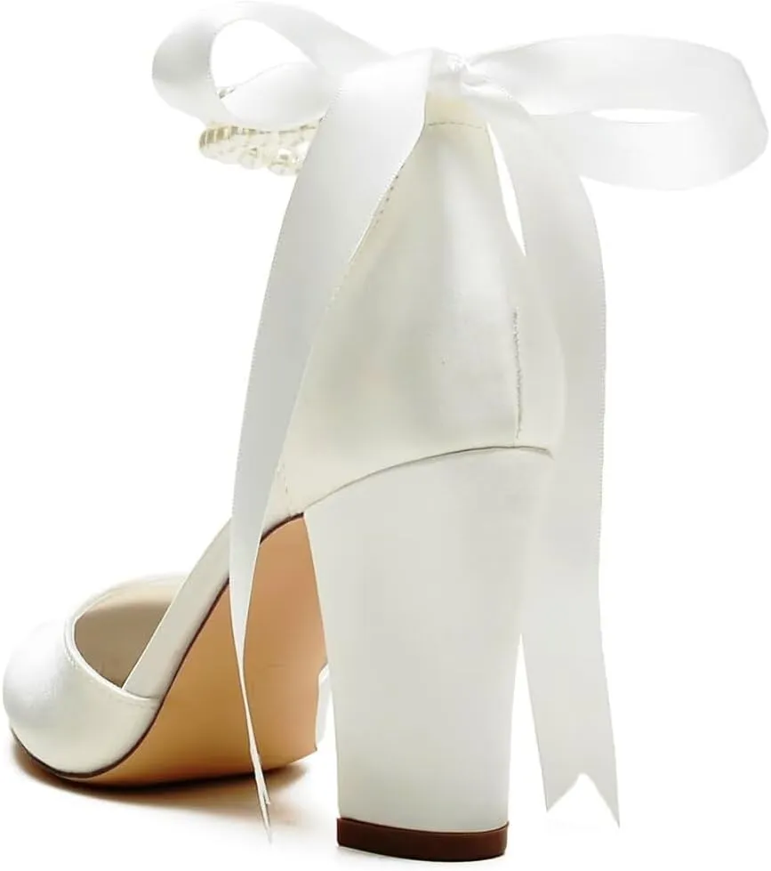 High Block Heel Wedding Shoes for Bride Pointed Toe Pearl Wedding Heels Bridal Shoes