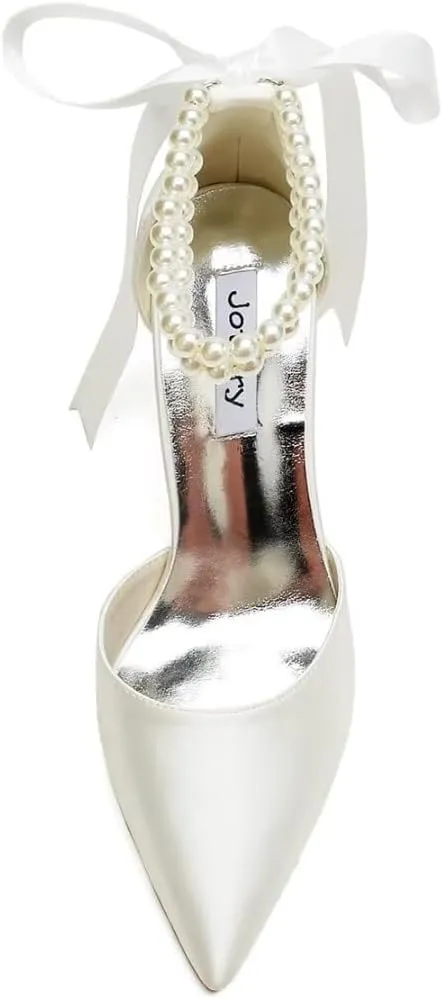 High Block Heel Wedding Shoes for Bride Pointed Toe Pearl Wedding Heels Bridal Shoes