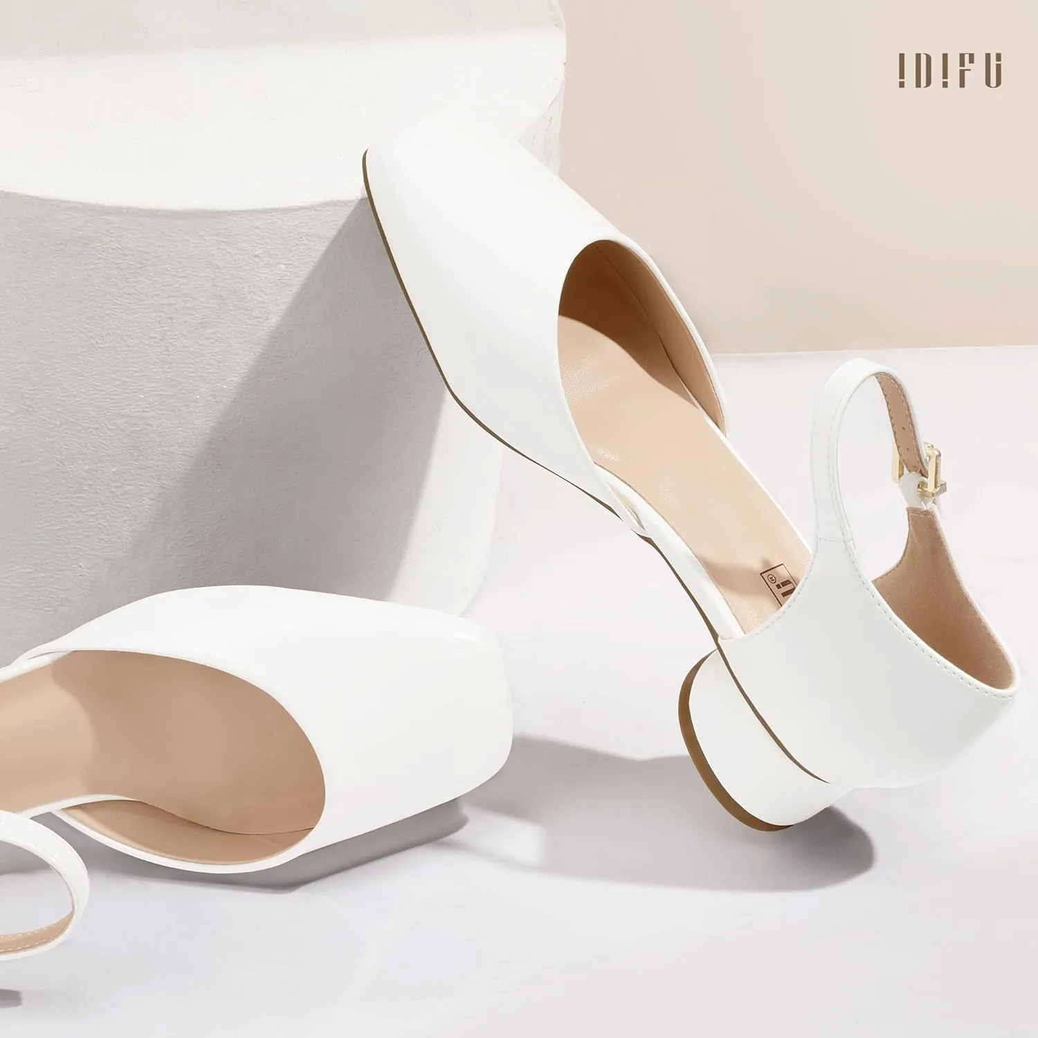 IDIFU Closed Toe Heels for Women Square Toe Low Block Chunky Heeled Pumps with Ankle Strap Buckle for Bride Wedding Comfortable Dressy Short Small Women's Dress Shoes Thick Heels