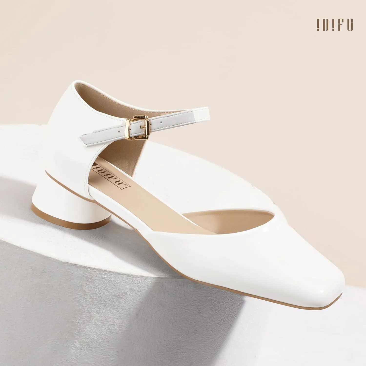 IDIFU Closed Toe Heels for Women Square Toe Low Block Chunky Heeled Pumps with Ankle Strap Buckle for Bride Wedding Comfortable Dressy Short Small Women's Dress Shoes Thick Heels