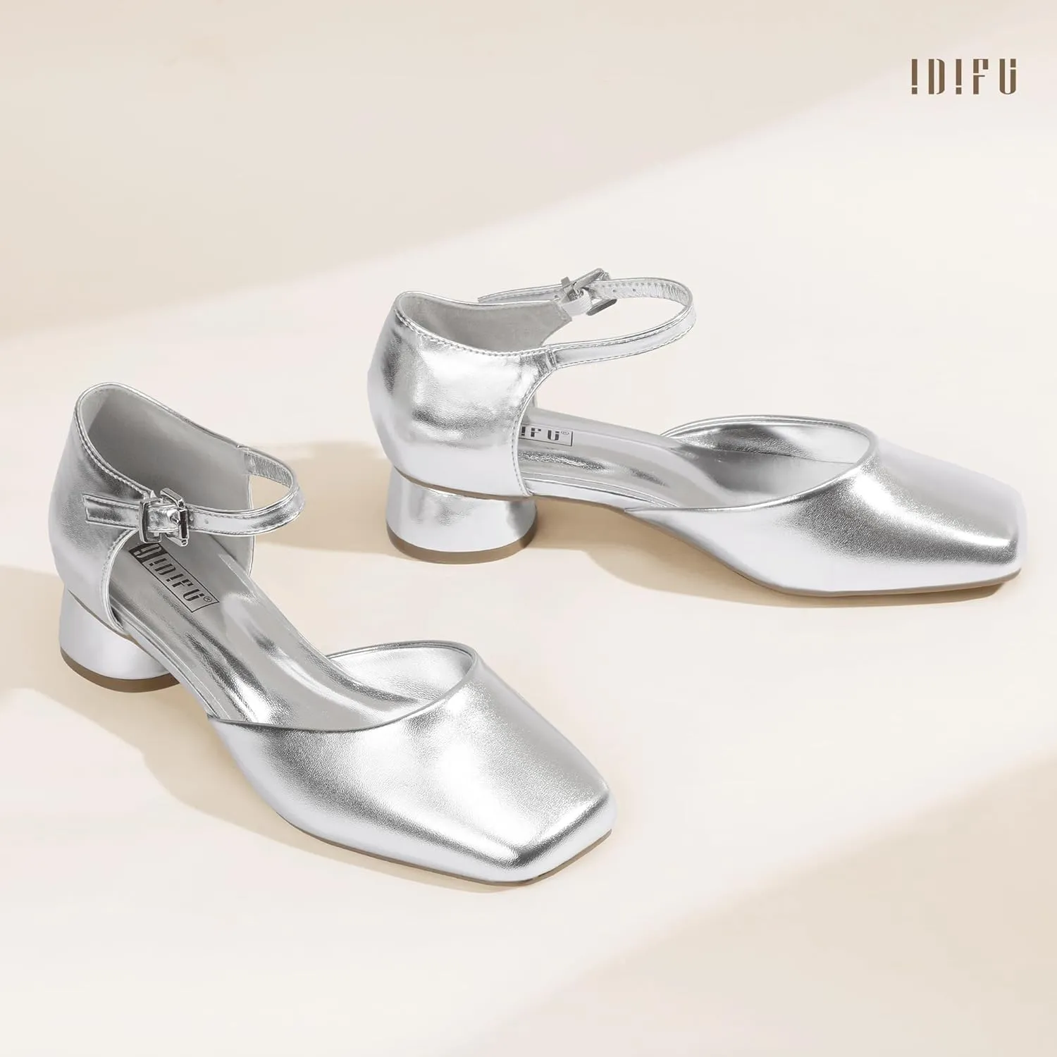 IDIFU Closed Toe Heels for Women Square Toe Low Block Chunky Heeled Pumps with Ankle Strap Buckle for Bride Wedding Comfortable Dressy Short Small Women's Dress Shoes Thick Heels