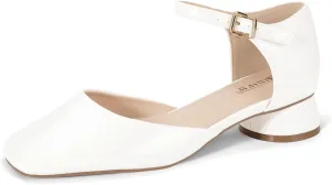 IDIFU Closed Toe Heels for Women Square Toe Low Block Chunky Heeled Pumps with Ankle Strap Buckle for Bride Wedding Comfortable Dressy Short Small Women's Dress Shoes Thick Heels