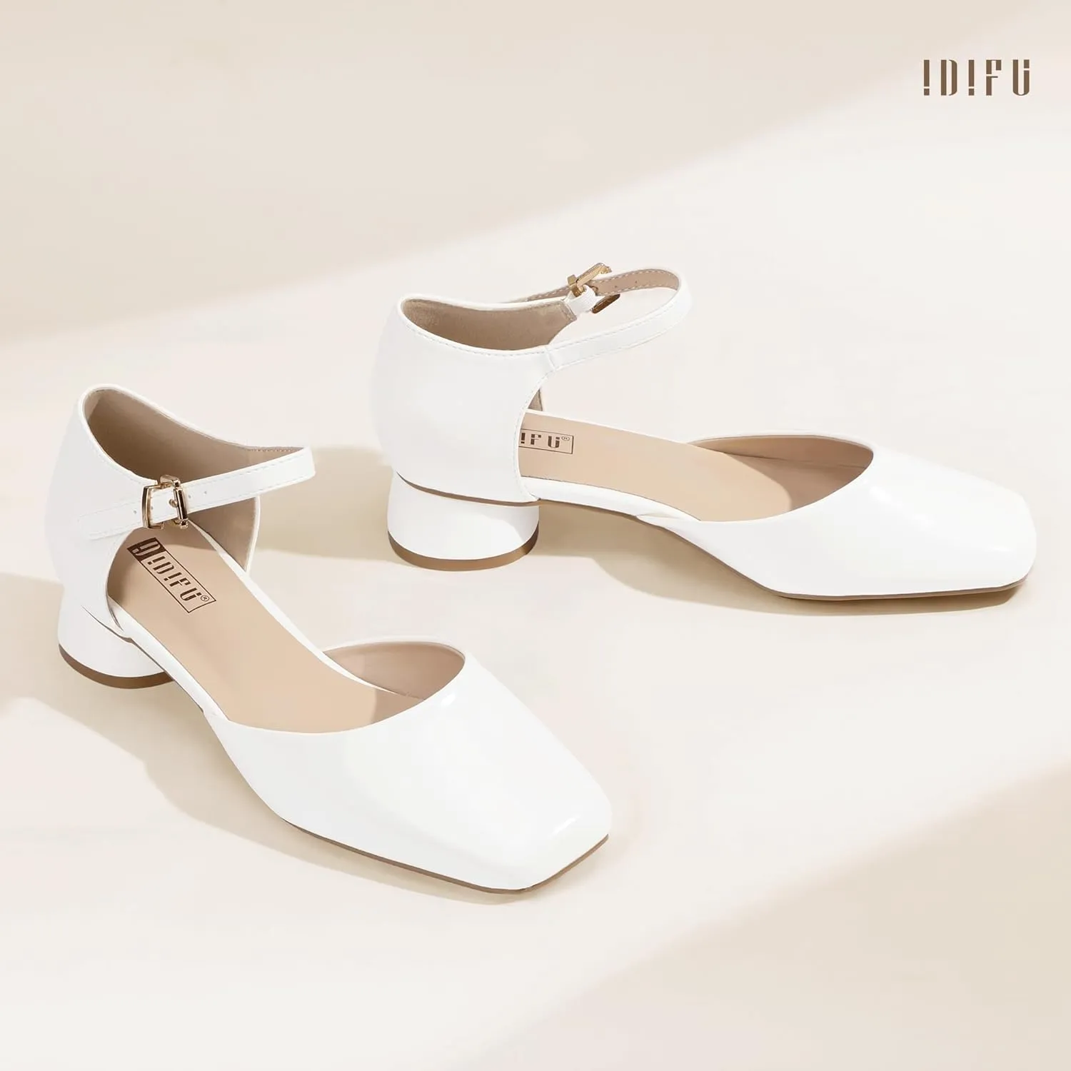 IDIFU Closed Toe Heels for Women Square Toe Low Block Chunky Heeled Pumps with Ankle Strap Buckle for Bride Wedding Comfortable Dressy Short Small Women's Dress Shoes Thick Heels